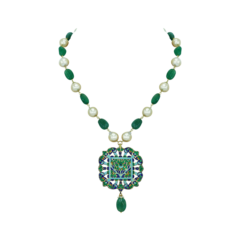 Emerald and Ruby Pendant Necklace with Polkis and Pearl Beads